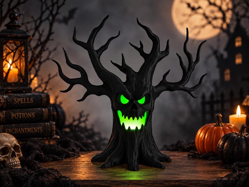 Spooky Skull Tree LED Tea Light Holder - Creepy Gothic Halloween Decor