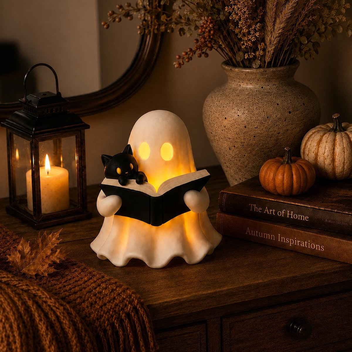 3D Printed Ghost Reading a Book Figurine with Cozy Cat and LED Tealight Decor