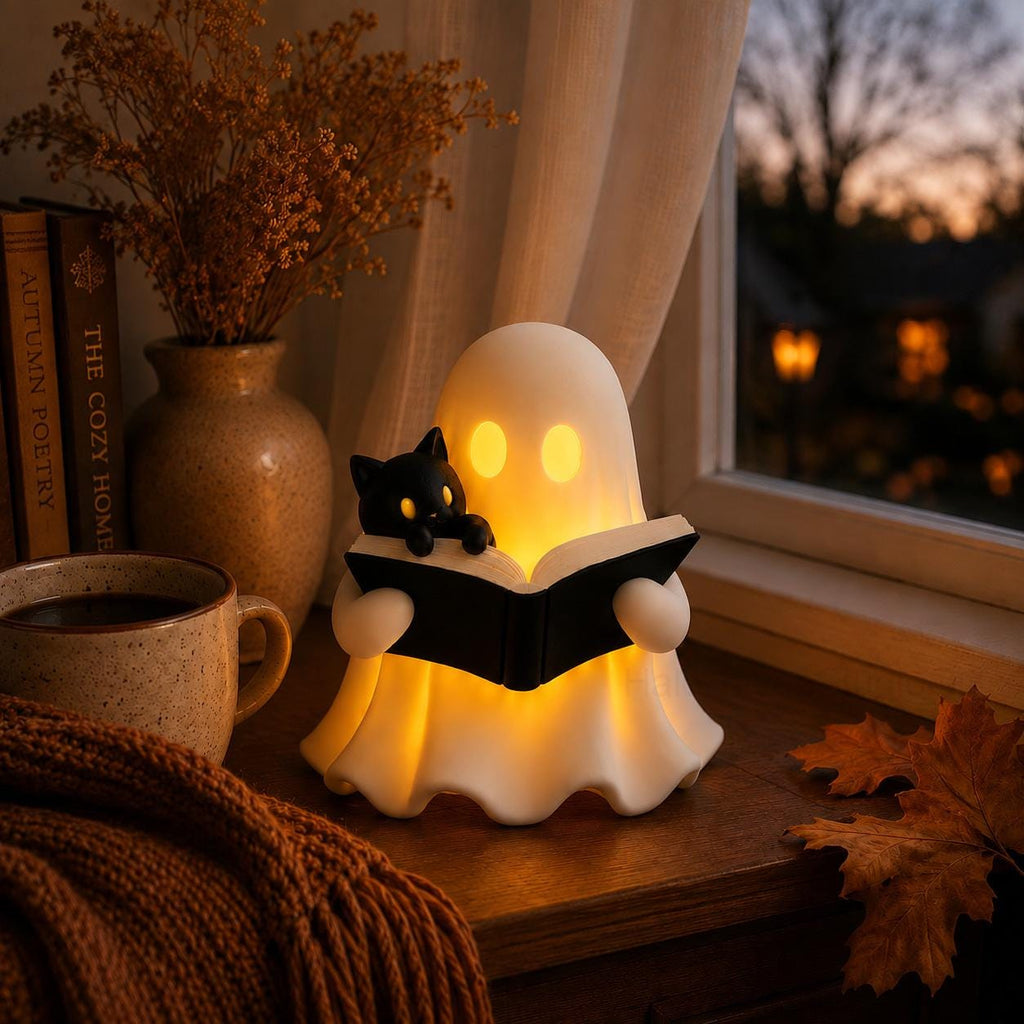 3D Printed Ghost Reading a Book Figurine with Cozy Cat and LED Tealight Decor