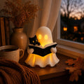 3D Printed Ghost Reading a Book Figurine with Cozy Cat and LED Tealight Decor