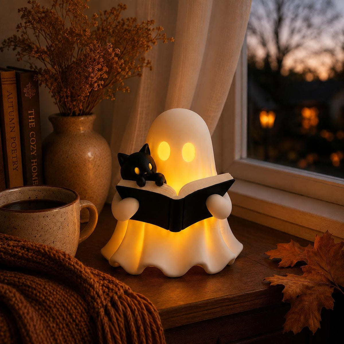 3D Printed Ghost Reading a Book Figurine with Cozy Cat and LED Tealight Decor