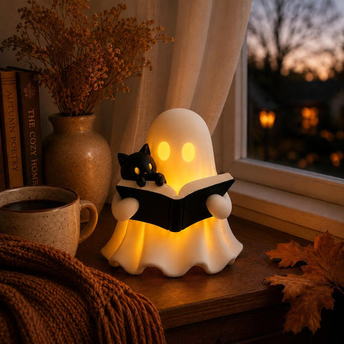 3D Printed Ghost Reading a Book Figurine with Cozy Cat and LED Tealight Decor