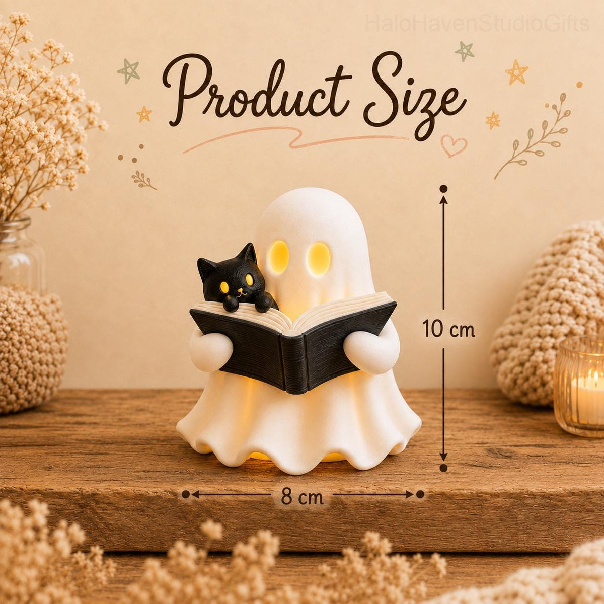 3D Printed Ghost Reading a Book Figurine with Cozy Cat and LED Tealight Decor