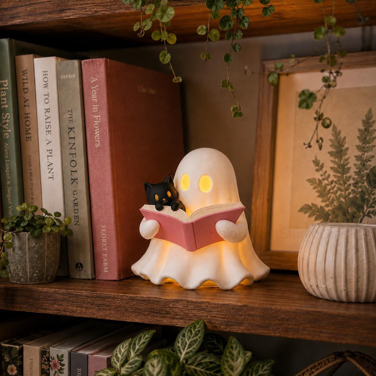 3D Printed Ghost Reading a Book Figurine with Cozy Cat and LED Tealight Decor