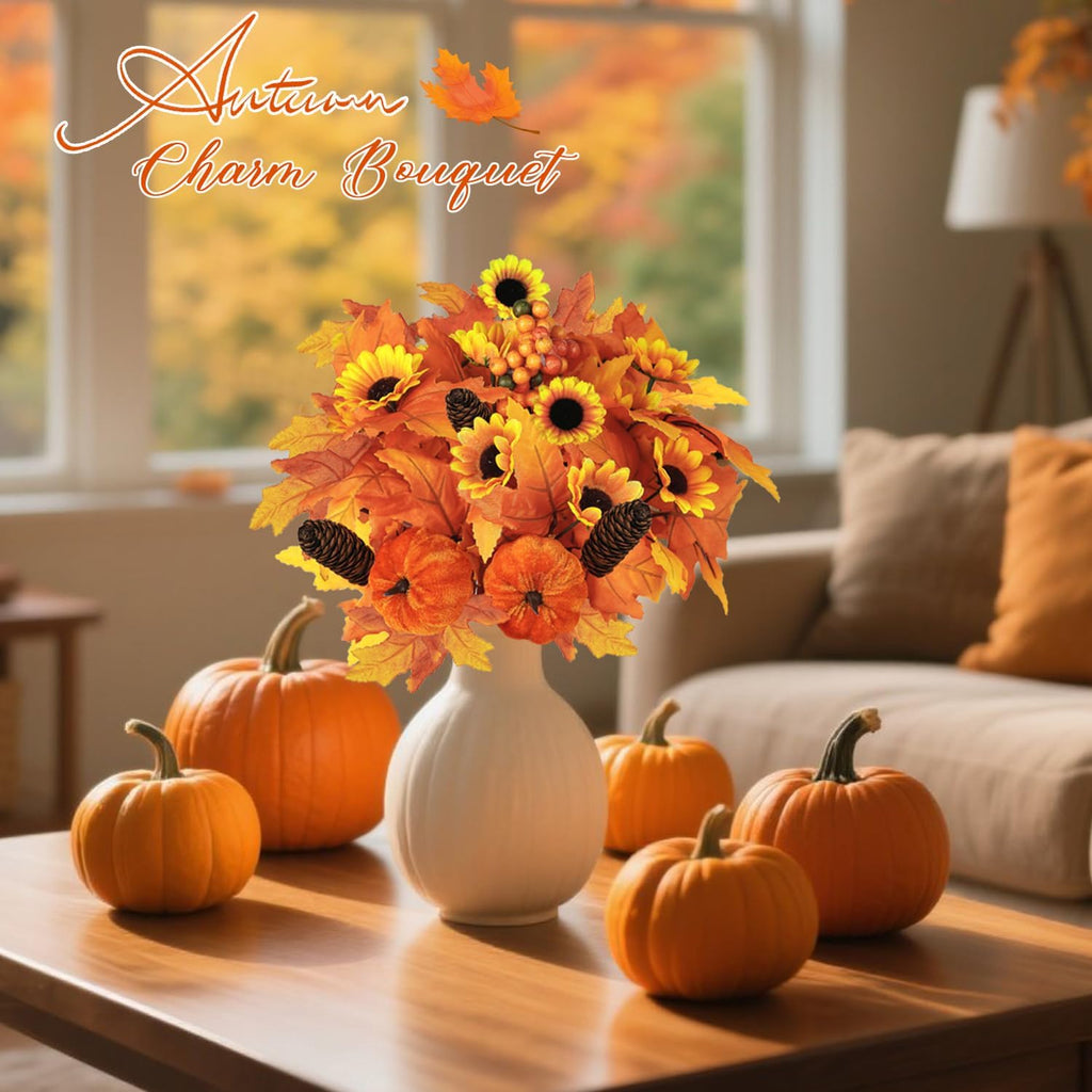 Miaikoe 2PCS Artificial Flower Decoration Maple Leaf Stem Pumpkin Branch Sunflower Berries Flower for Fall Thanksgiving Home Holiday Festival Decoration (Brown)