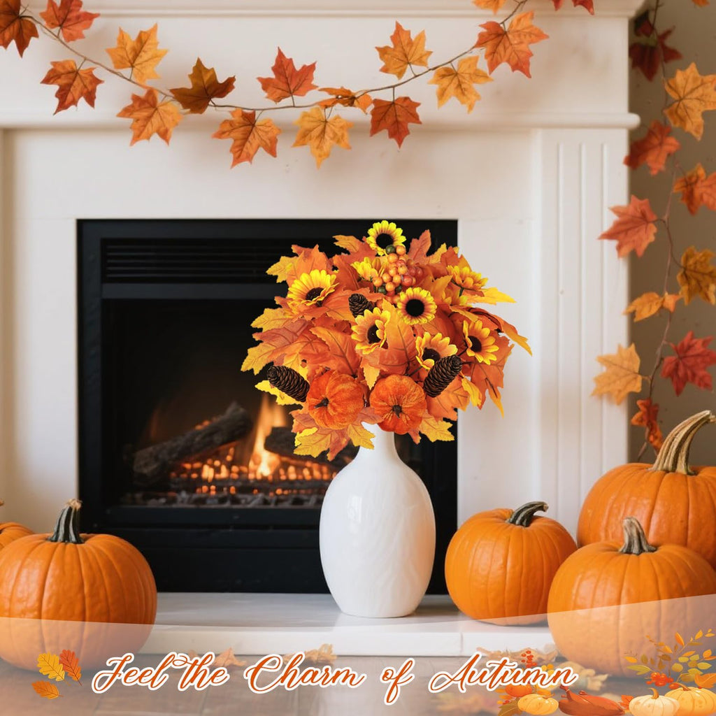 Miaikoe 2PCS Artificial Flower Decoration Maple Leaf Stem Pumpkin Branch Sunflower Berries Flower for Fall Thanksgiving Home Holiday Festival Decoration (Brown)