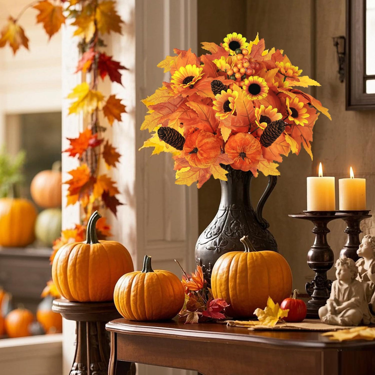 Miaikoe 2PCS Artificial Flower Decoration Maple Leaf Stem Pumpkin Branch Sunflower Berries Flower for Fall Thanksgiving Home Holiday Festival Decoration (Brown)