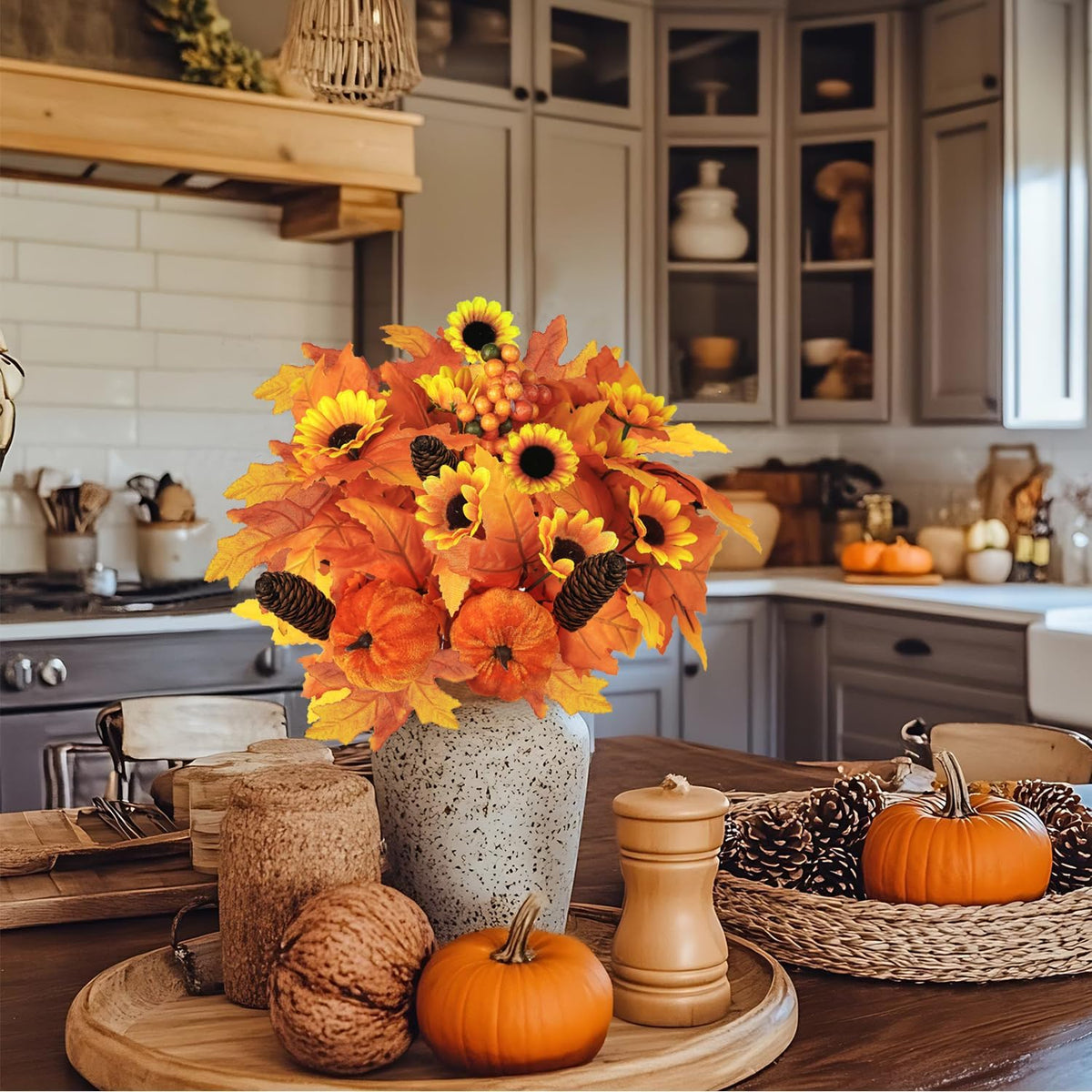 Miaikoe 2PCS Artificial Flower Decoration Maple Leaf Stem Pumpkin Branch Sunflower Berries Flower for Fall Thanksgiving Home Holiday Festival Decoration (Brown)