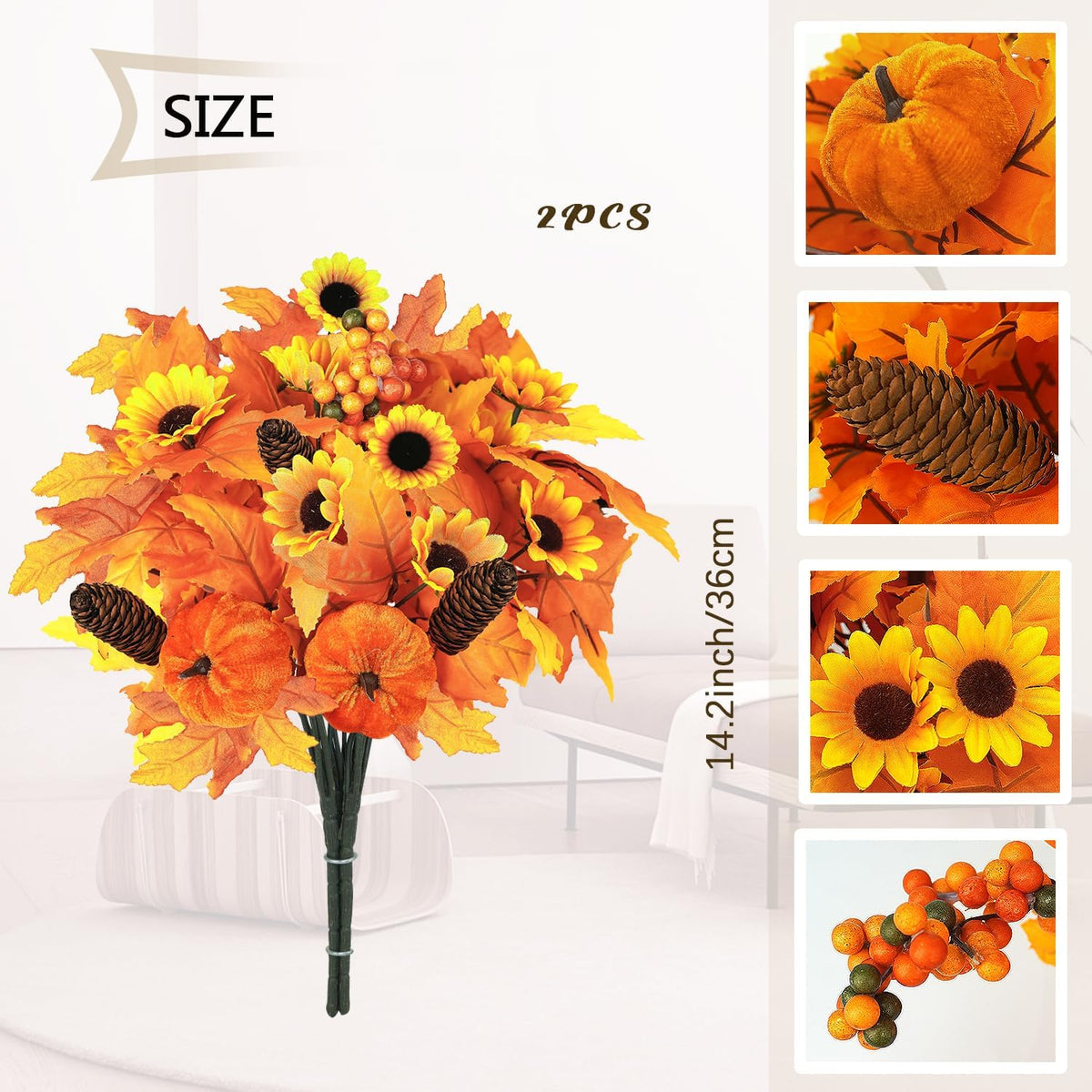 Miaikoe 2PCS Artificial Flower Decoration Maple Leaf Stem Pumpkin Branch Sunflower Berries Flower for Fall Thanksgiving Home Holiday Festival Decoration (Brown)