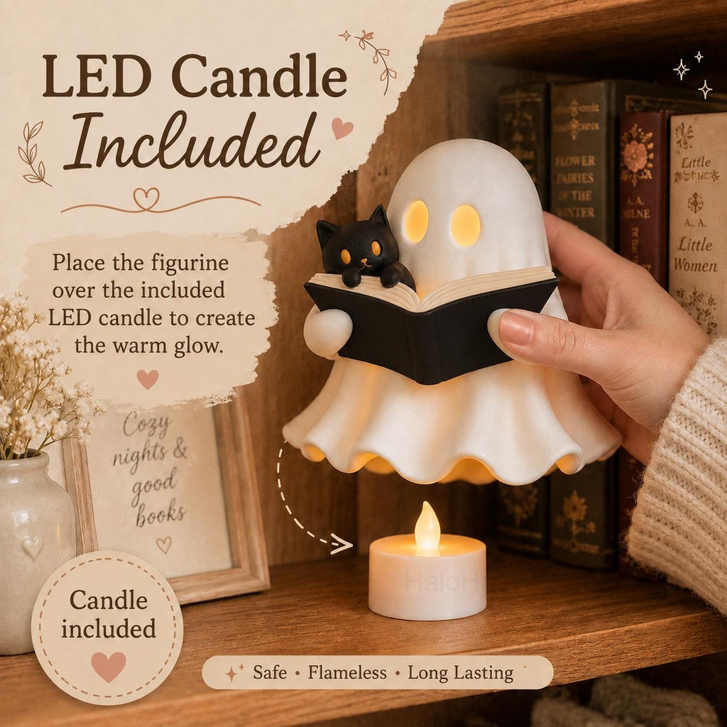 3D Printed Ghost Reading a Book Figurine with Cozy Cat and LED Tealight Decor