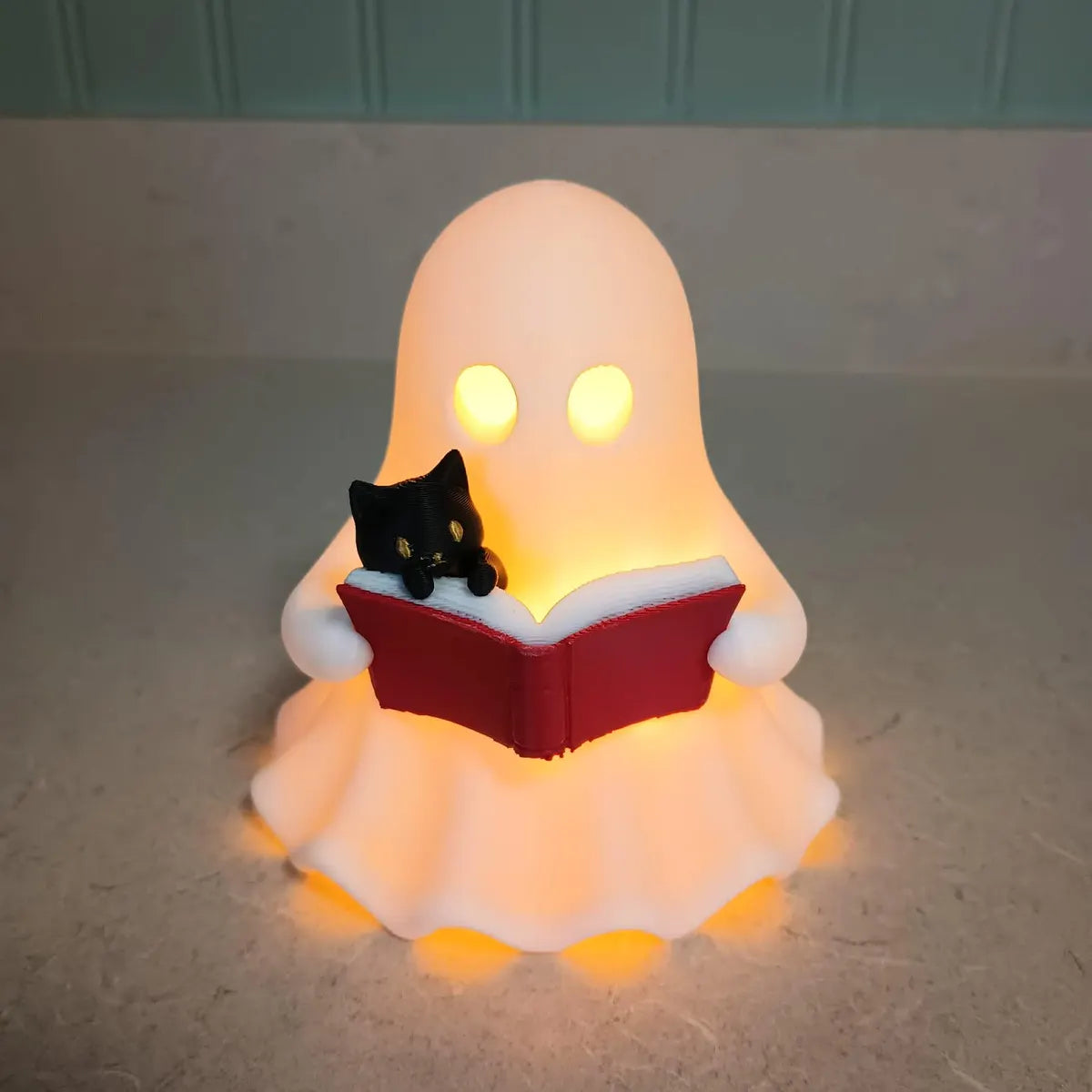 Ghost Reading a Book Figurine with LED Candle and Cat | Halloween decor