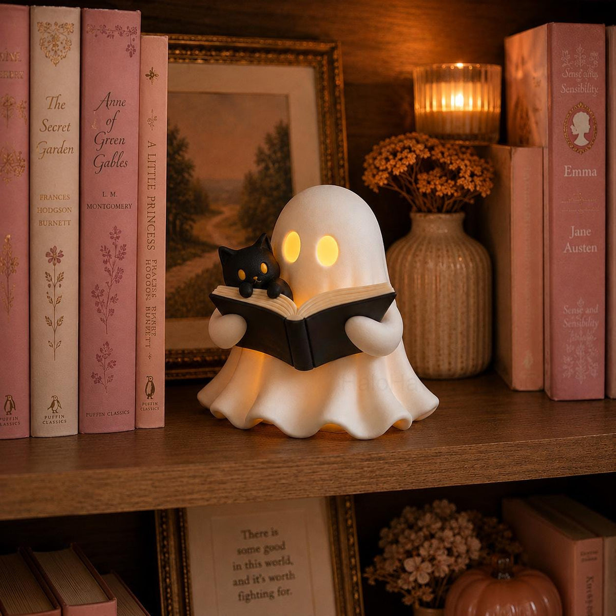 3D Printed Ghost Reading a Book Figurine with Cozy Cat and LED Tealight Decor