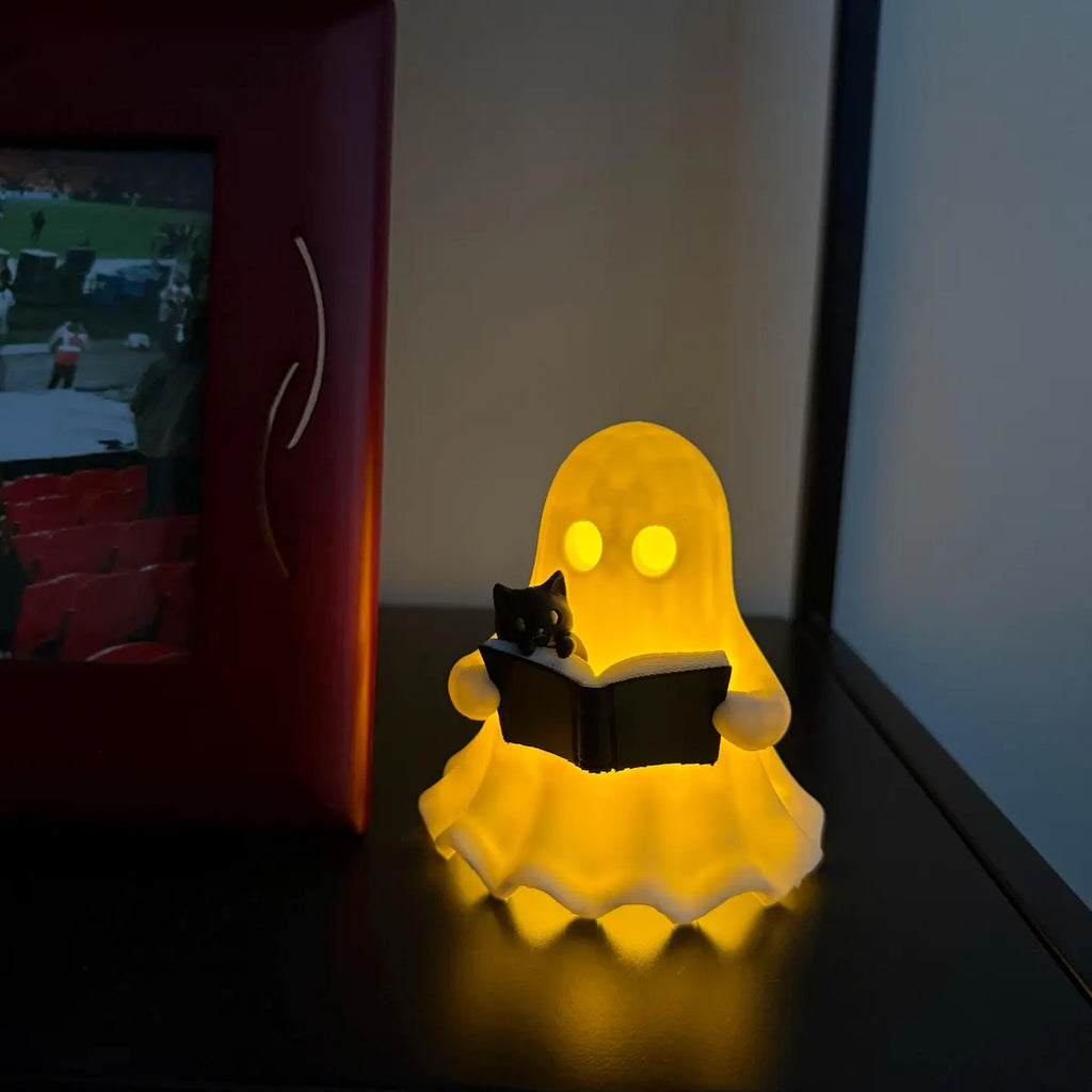 Ghost Reading a Book Figurine with LED Candle and Cat | Halloween decor