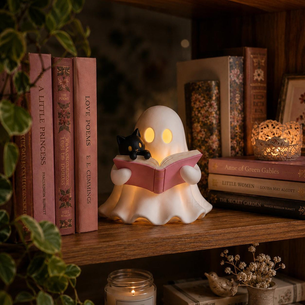3D Printed Ghost Reading a Book Figurine with Cozy Cat and LED Tealight Decor