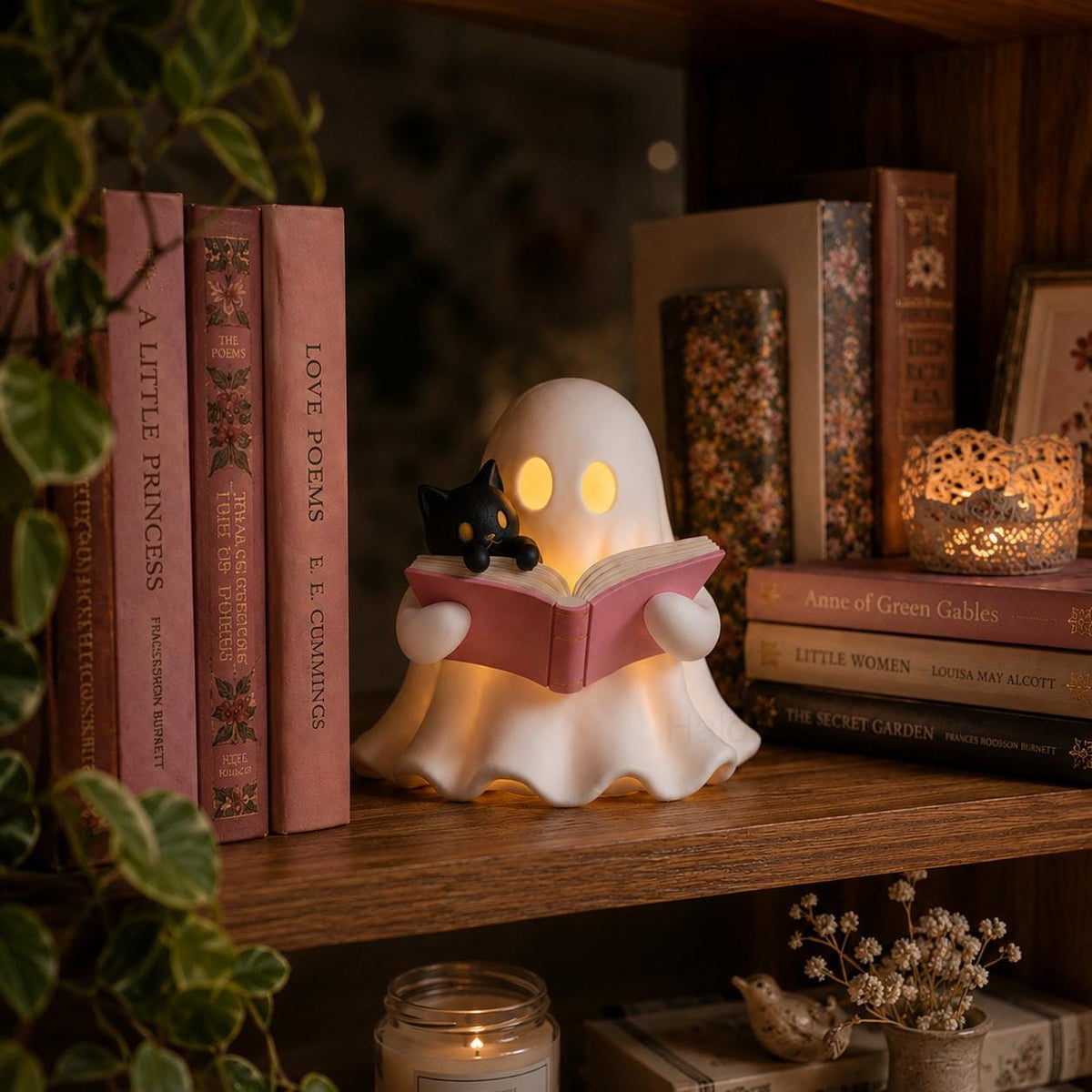 3D Printed Ghost Reading a Book Figurine with Cozy Cat and LED Tealight Decor