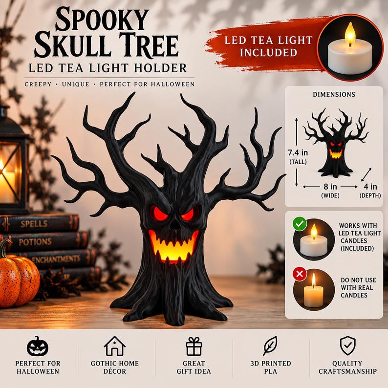 Spooky Skull Tree LED Tea Light Holder - Creepy Gothic Halloween Decor