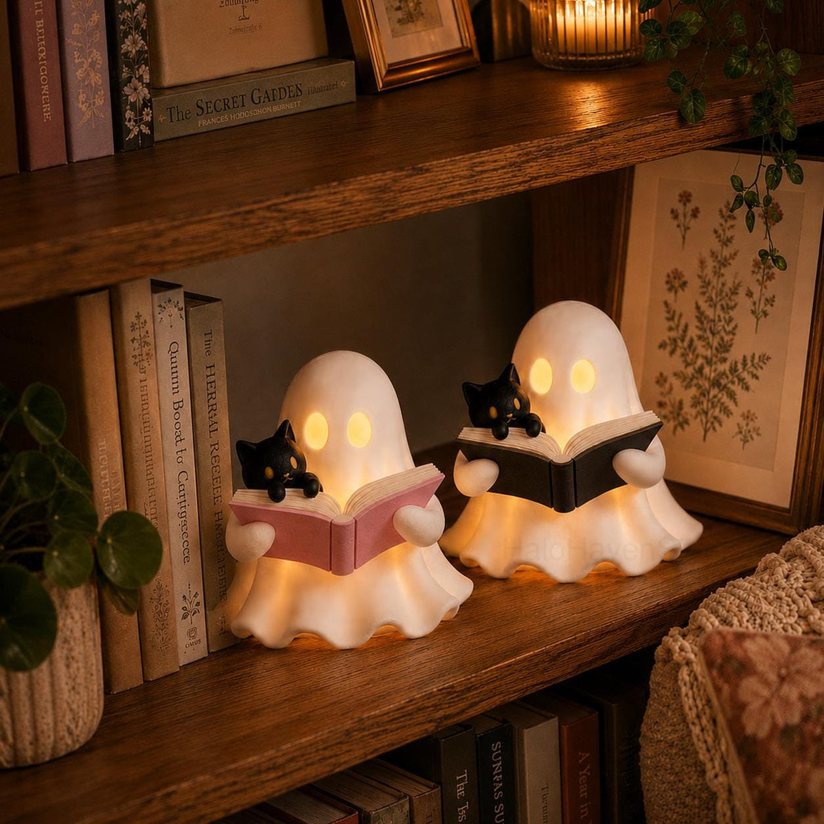 3D Printed Ghost Reading a Book Figurine with Cozy Cat and LED Tealight Decor