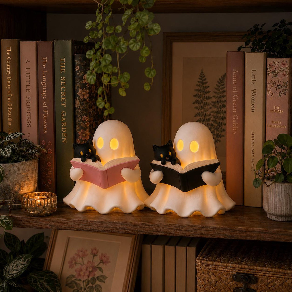 3D Printed Ghost Reading a Book Figurine with Cozy Cat and LED Tealight Decor