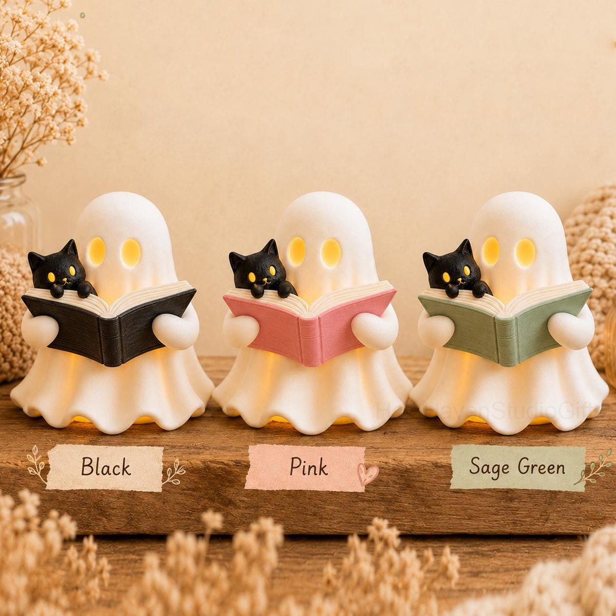 3D Printed Ghost Reading a Book Figurine with Cozy Cat and LED Tealight Decor