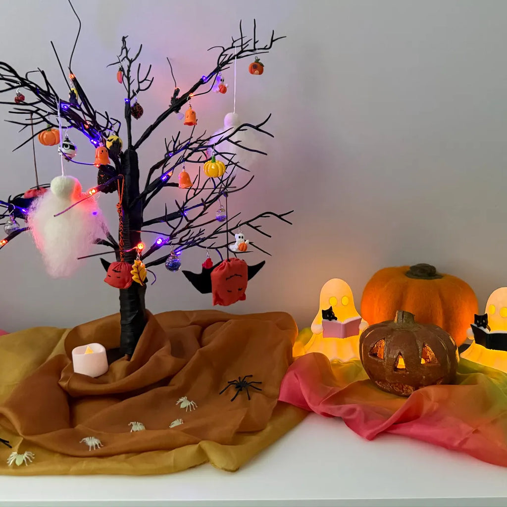 Ghost Reading a Book Figurine with LED Candle and Cat | Halloween decor