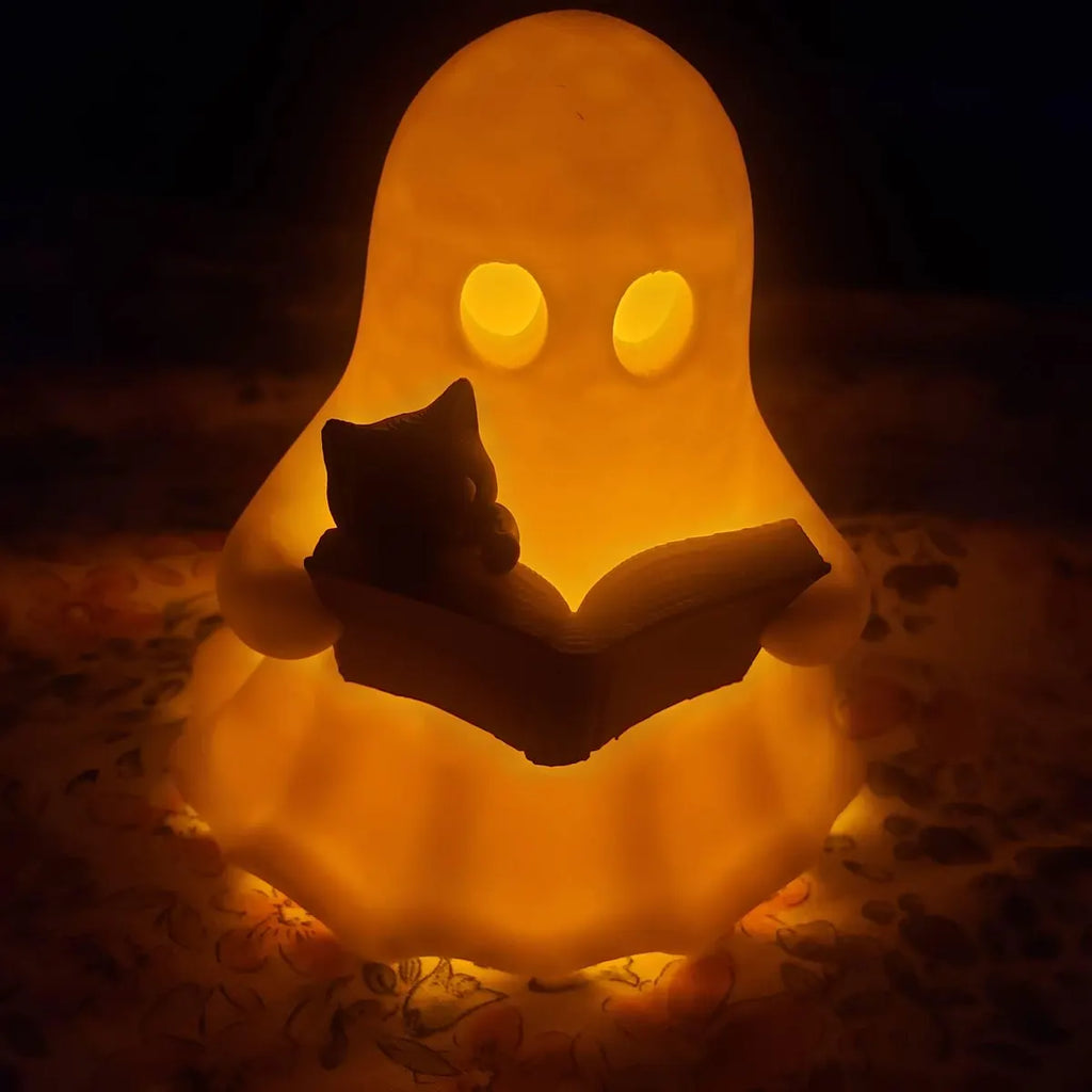 Ghost Reading a Book Figurine with LED Candle and Cat | Halloween decor