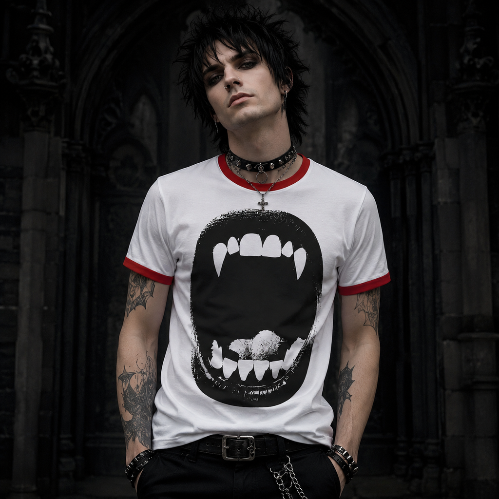 Halloween costume tee with vampire bite graphic, black ringer, product image 3 of 7.