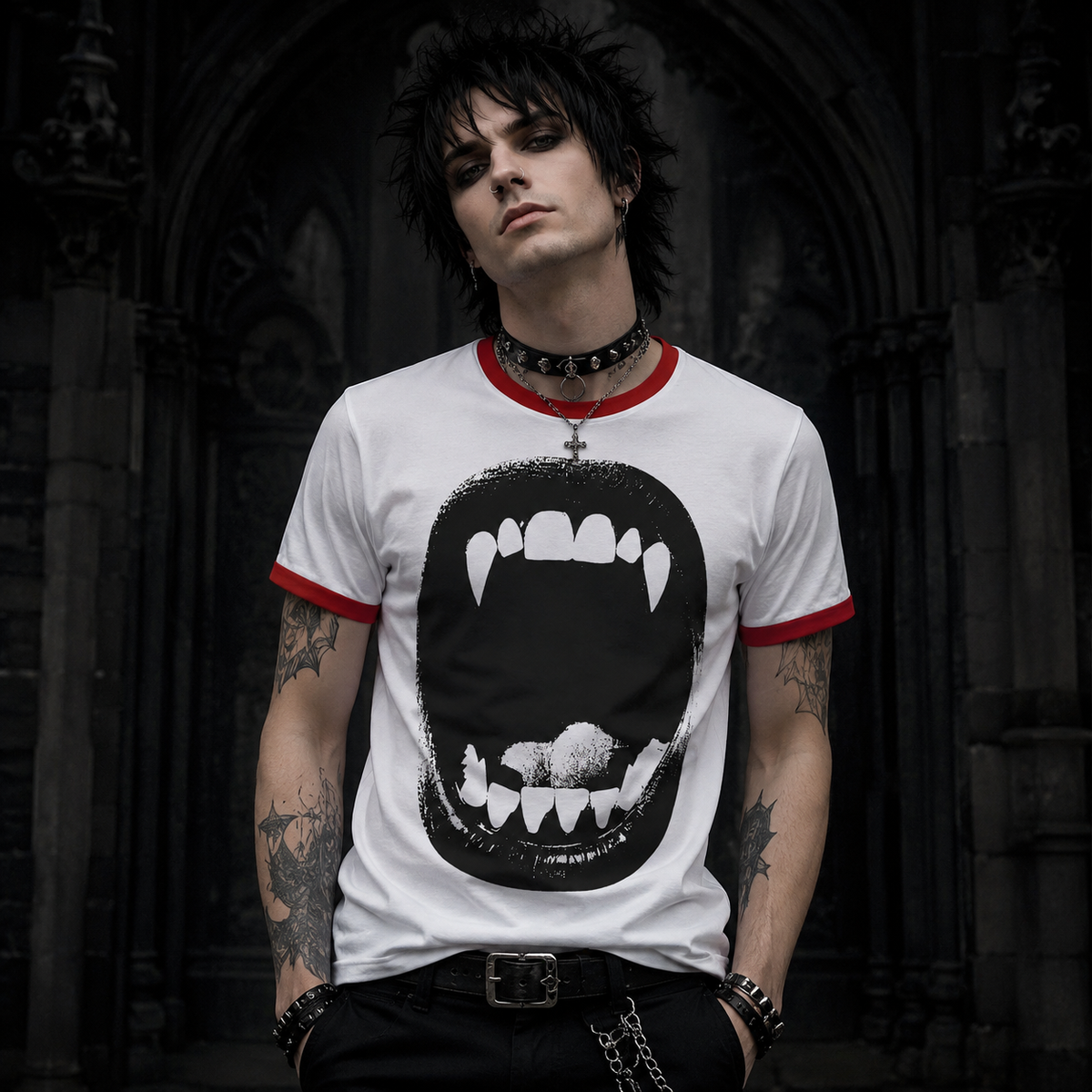 Halloween costume tee with vampire bite graphic, black ringer, product image 3 of 7.