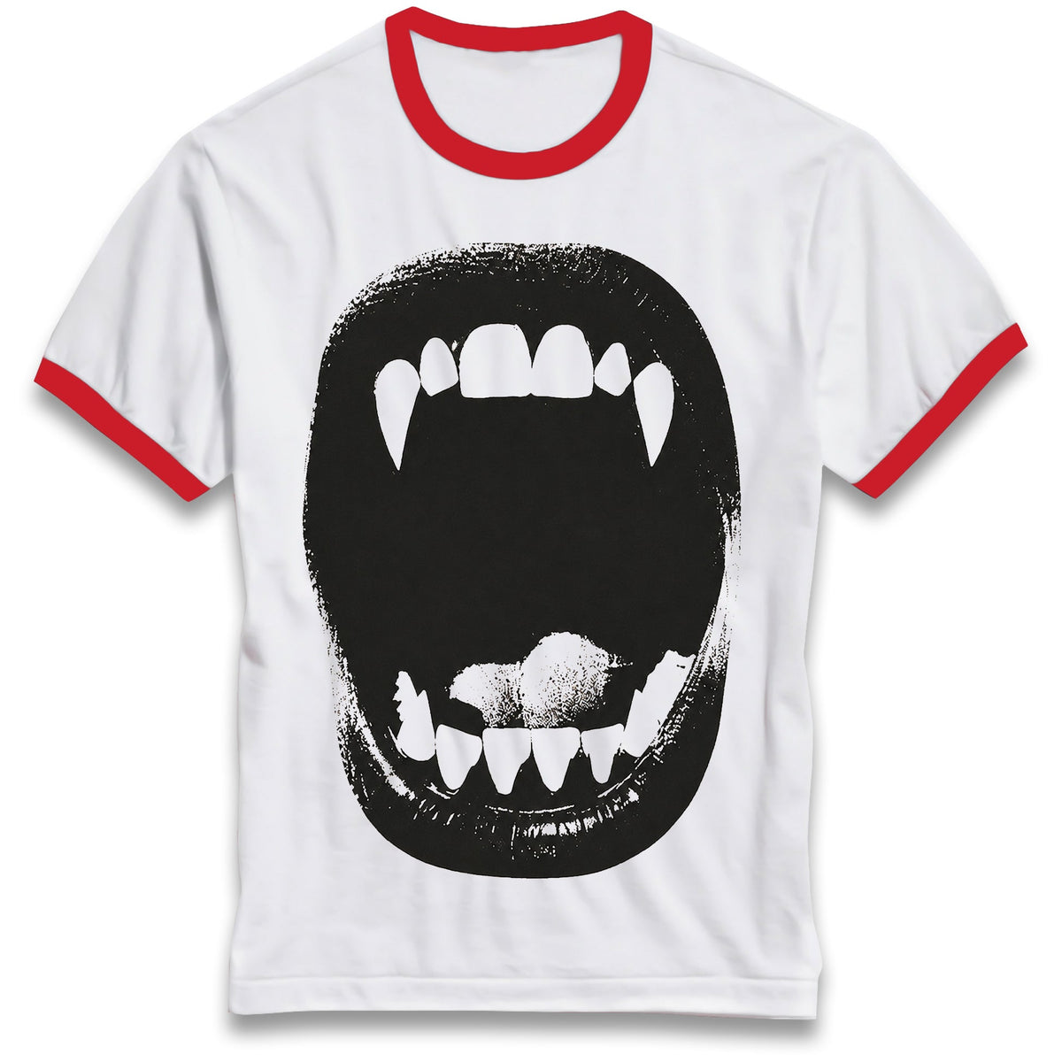 Vampire Bite Ringer T-Shirt, Halloween costume tee, close-up graphic, spooky fangs.