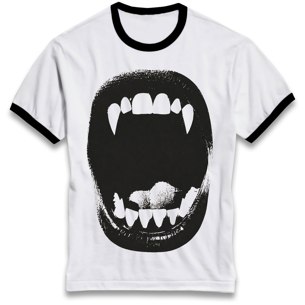 Vampire Bite Ringer T-Shirt, Halloween costume tee, bloody fangs, white shirt, image 1 of 7.
