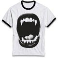 Vampire Bite Ringer T-Shirt, Halloween costume tee, bloody fangs, white shirt, image 1 of 7.